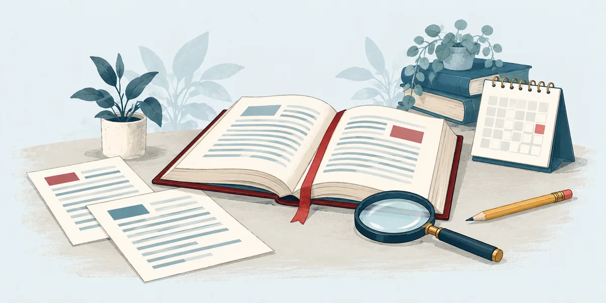 Kitab, mənbə sənədləri və yoxlama qeydlərini göstərən illüstrasiya.
